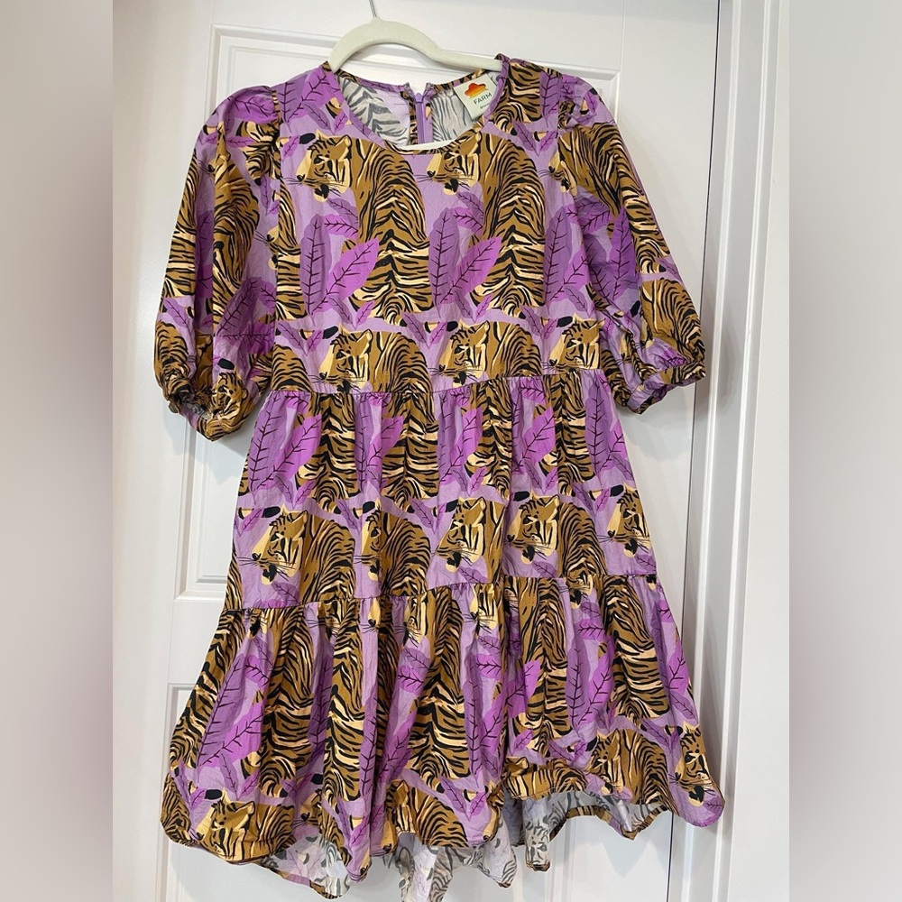 Farm Rio Tiger Leaves Dress Purple Mini Tiered Short Puff Sleeve Casual Sz XXS